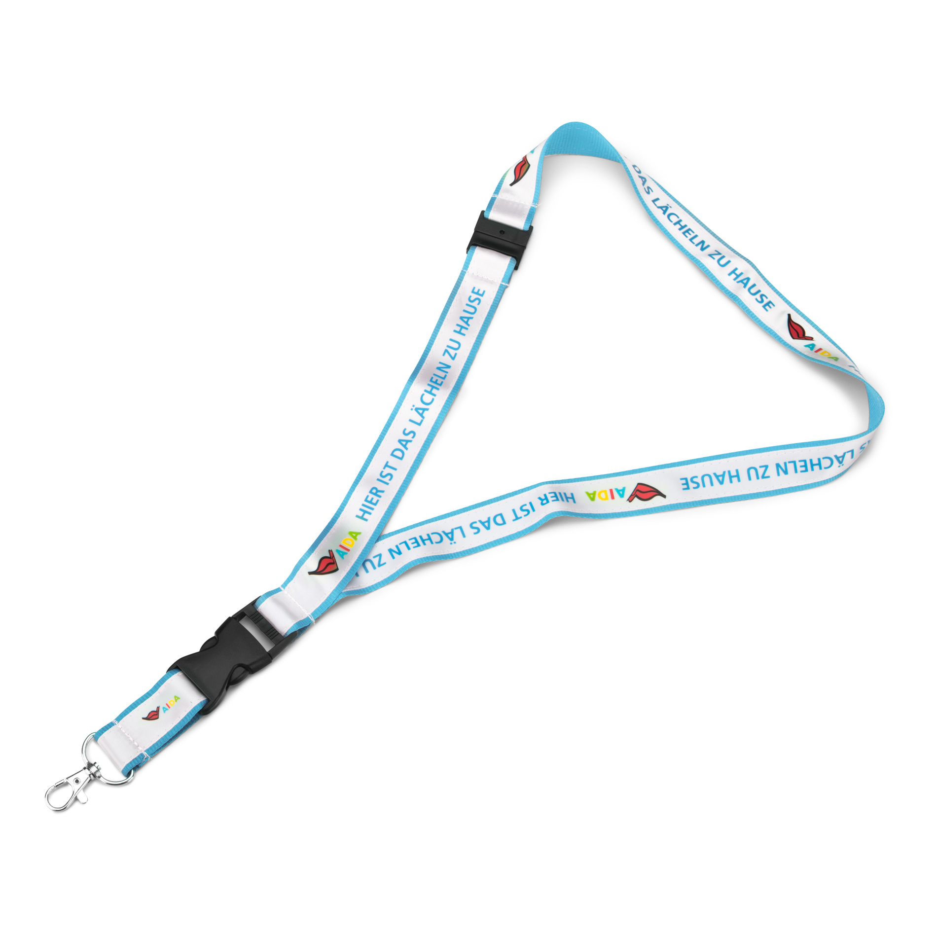 Lanyard "Lächeln. Hier ist es..." Blau-Weiß
