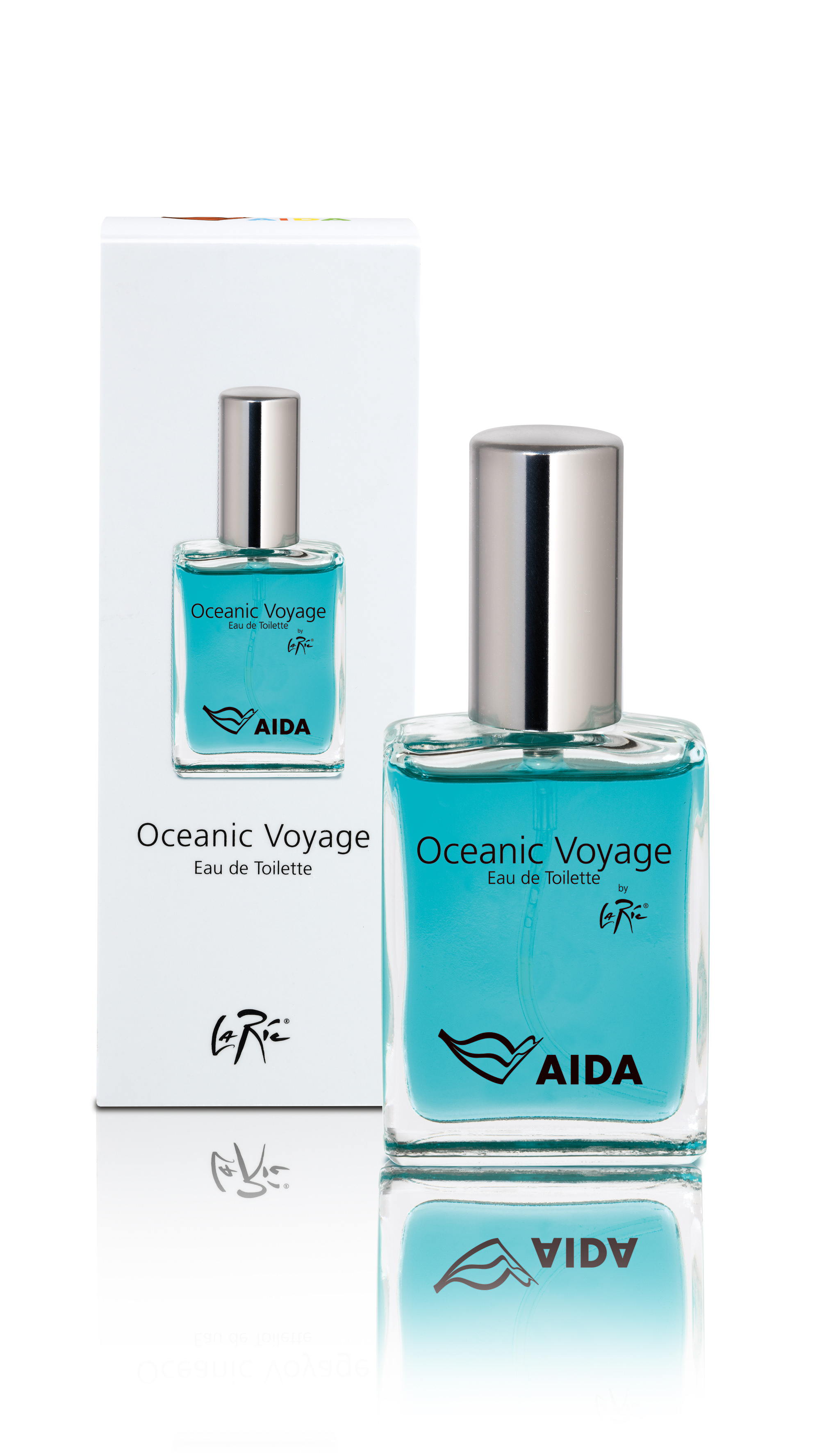 Runder, transparenter Glasflakon mit silbernem Sprühkopf und aufgedrucktem AIDA-Logo, Parfüm ‚Oceanic Voyage‘ Eau de Toilette in Reisegröße.